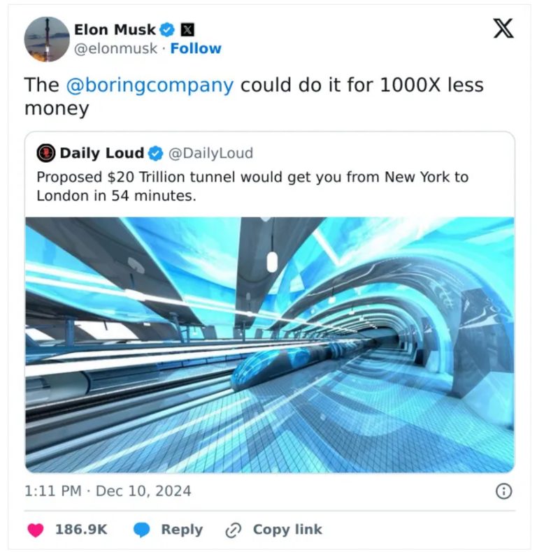Elon Musk proposes a $20 billion tunnel