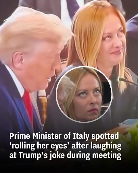 Italy’s Prime Minister was seen rolling her eyes after laughing at a joke made by President Trump during a meeting