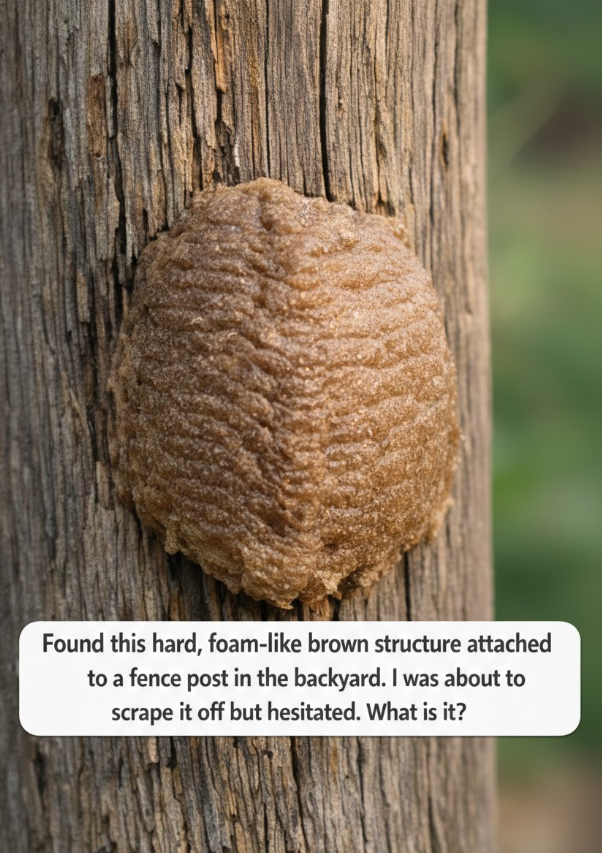 Found this hard, foam-like brown structure attached to a fence post in the backyard. I was about to scrape it off but hesitated. What is it?