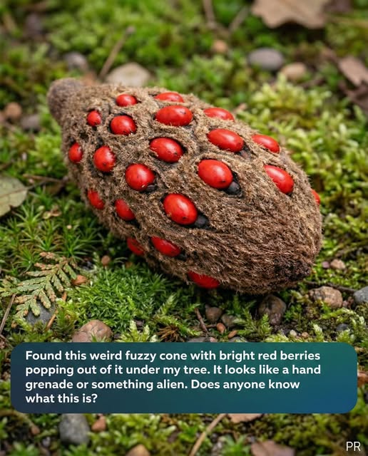 Strange Fuzzy Cone with Bright Red Seeds Found in the Yard — Here’s What It Is