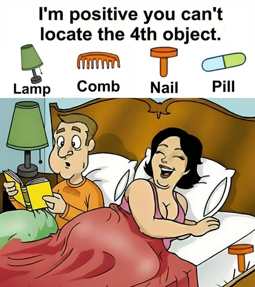 Find Lamp, Comb, Nail, Pill.