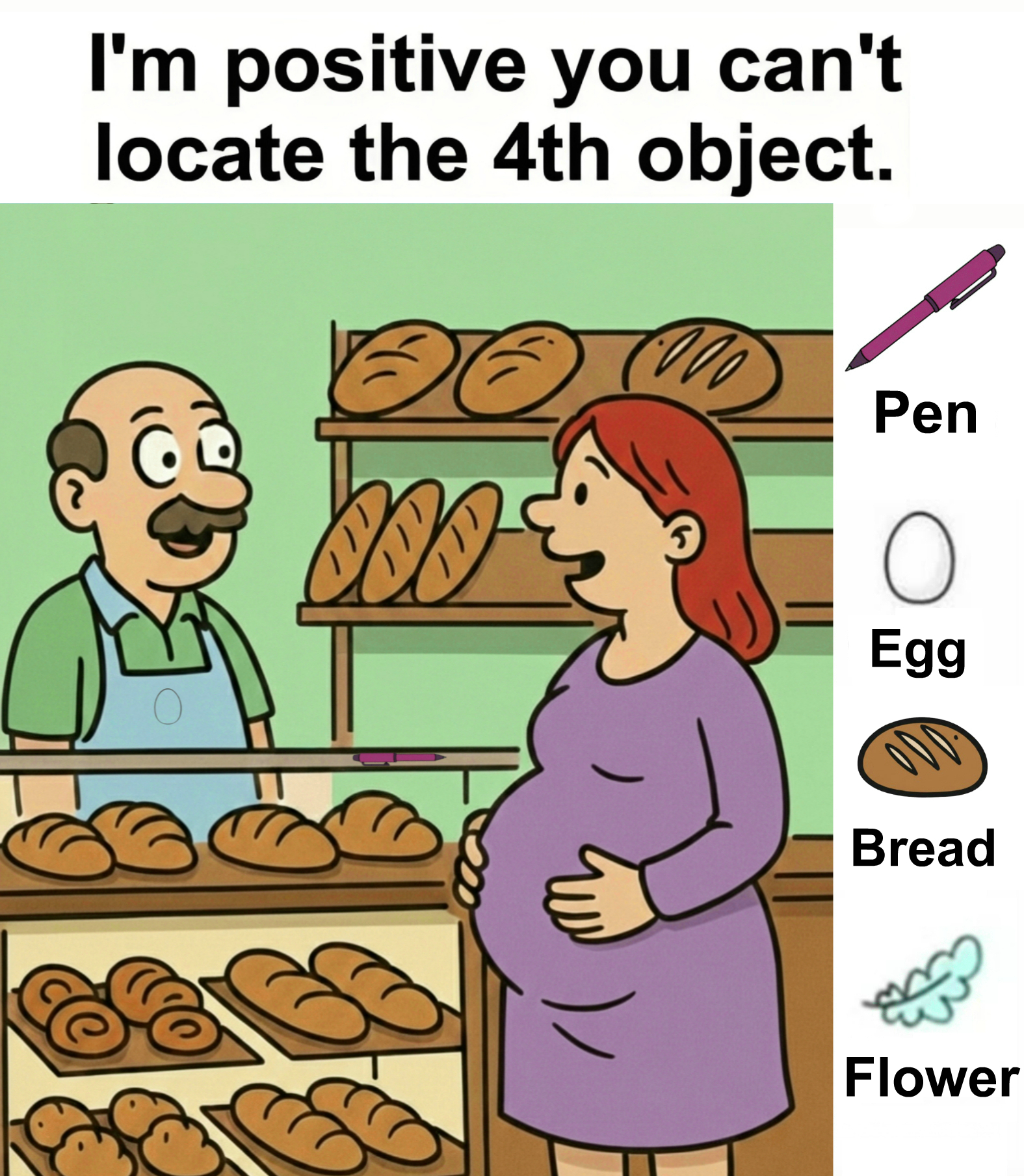 Find Pen, Egg, Bread, Flower. Check the first comment for the answer