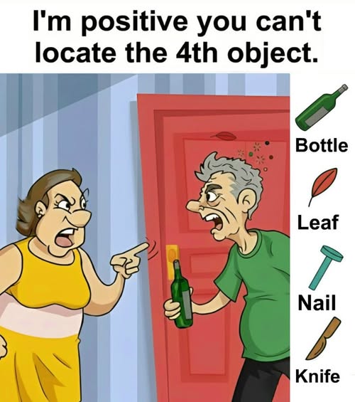 Find Bottle, Leaf, Nail, Knife.